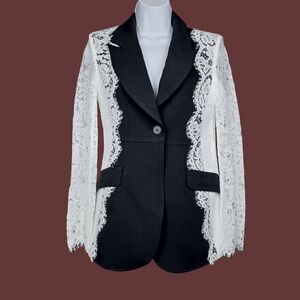Madonna & Co. Womens Long Sleeve Black White Lace Single Button Blazer Size S